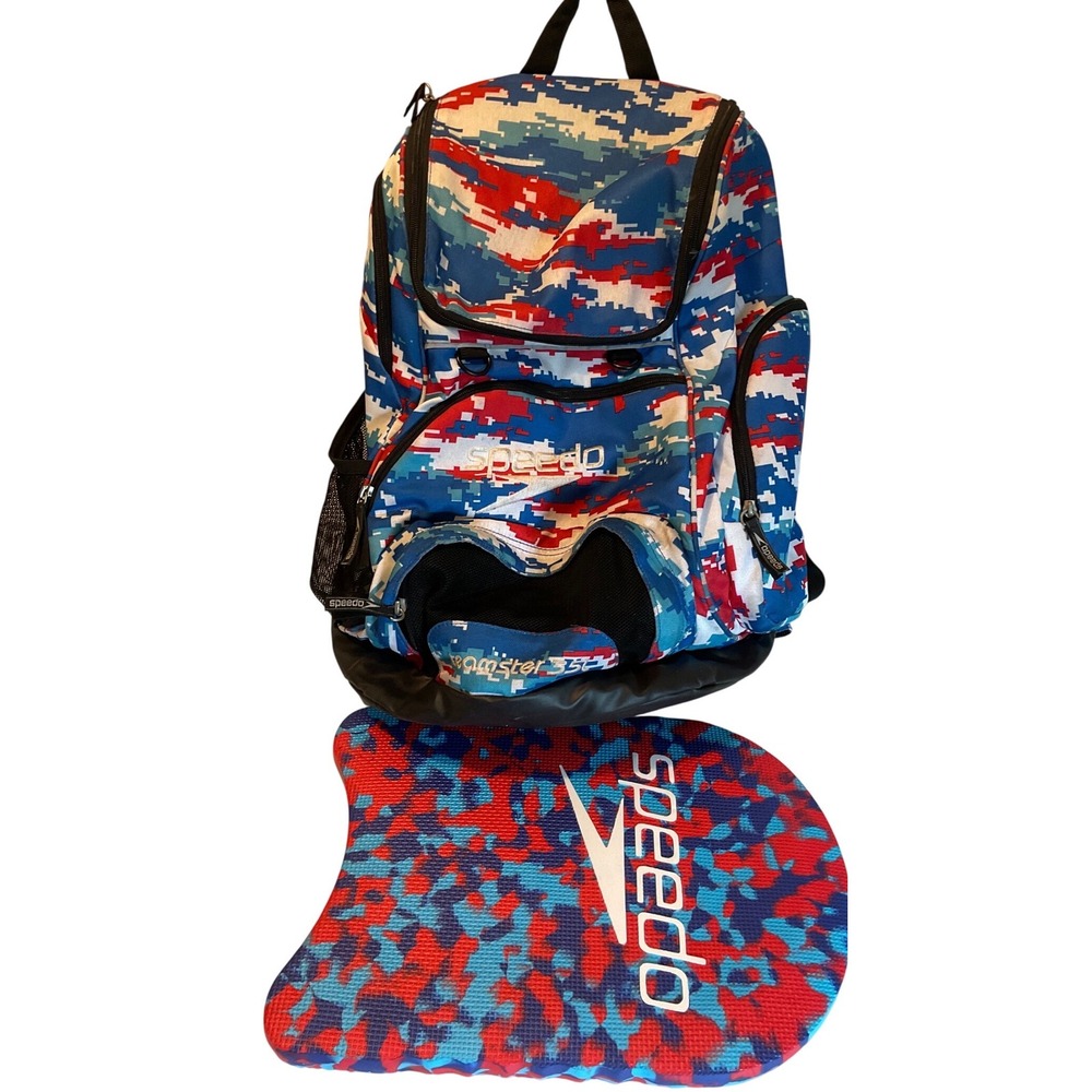 Speedo Teamster 35L Swim Backpack and Kickboard Red White Blue Digital Camo Set